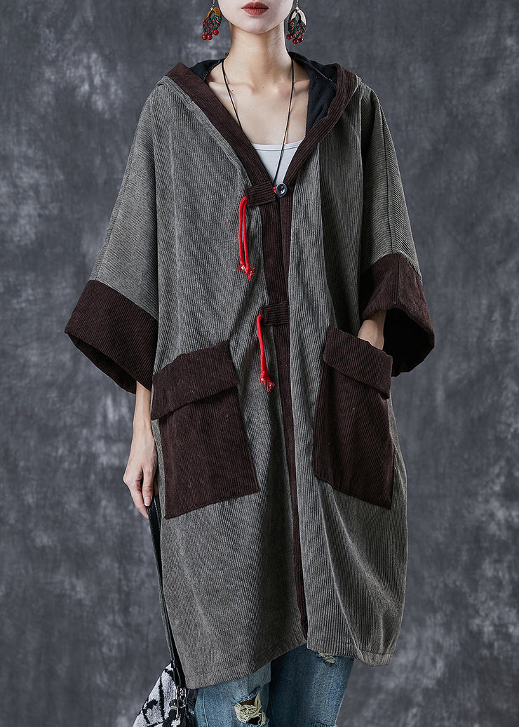 Grey Patchwork Warm Fleece Corduroy Trench Hooded Pockets Spring