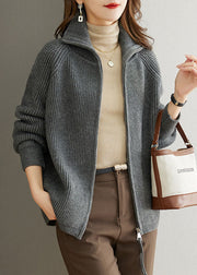 Grey Patchwork Women Wool Coats Peter Pan Collar Zippered Fall