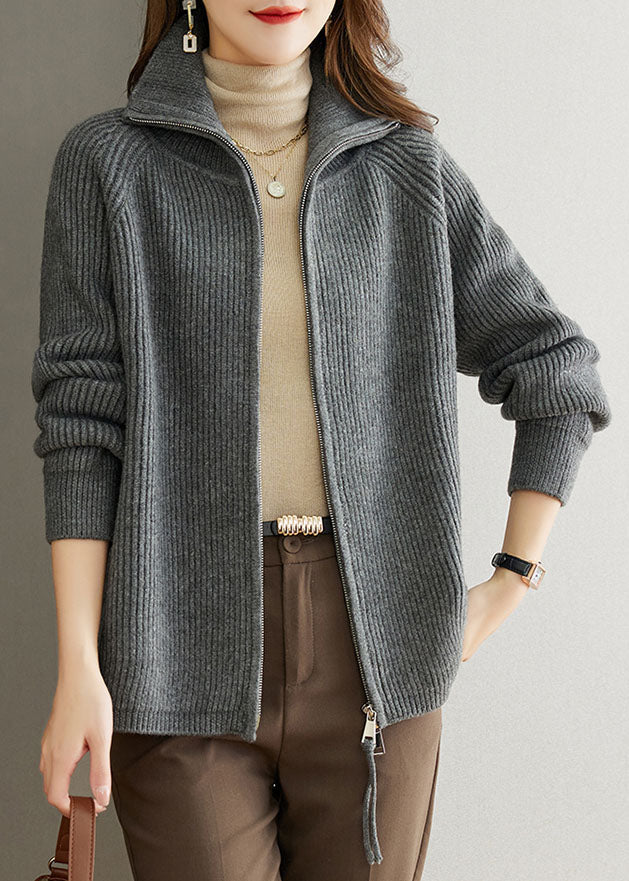 Grey Patchwork Women Wool Coats Peter Pan Collar Zippered Fall