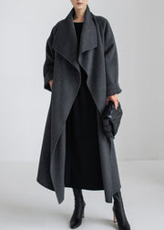 Grey Peter Pan Collar Tie Waist Woolen Coat Long Sleeve