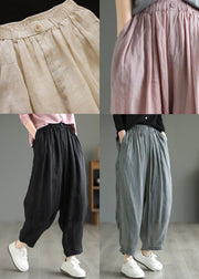 Grey Pockets Elastic Waist Loose Linen Pants Summer