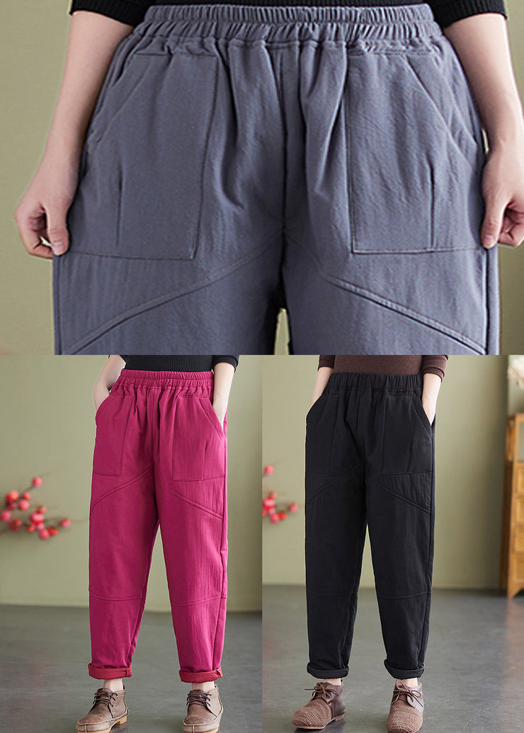 Grey Pockets Loose Fine Cotton Filled Pants Elastic Waist Winter