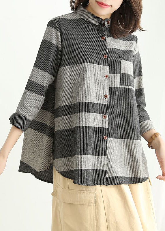 Grey Pockets Patchwork Cotton Shirt Stand Collar Spring