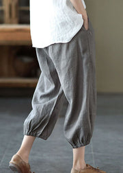 Grey Pockets Patchwork Linen Harem Pants Elastic Waist Summer