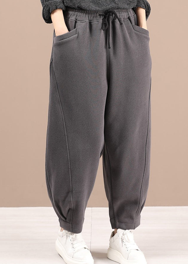 Grey Pockets Patchwork Warm Fleece Pants Elastic Waist Winter