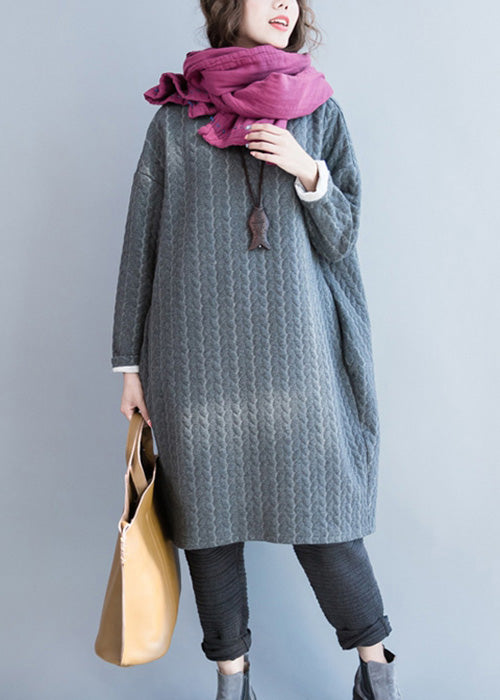 Grey Pockets Thick Cotton Dress O Neck Long Sleeve