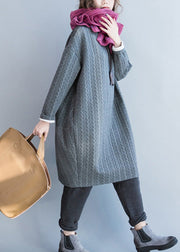 Grey Pockets Thick Cotton Dress O Neck Long Sleeve