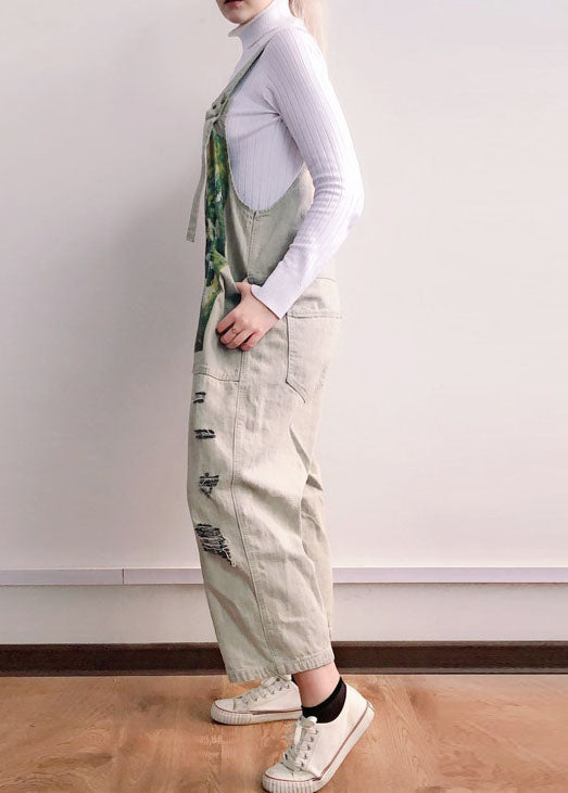 Grey Print Patchwork Jumpsuit Straight Denim Spring