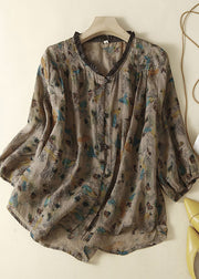 Grey Print Patchwork Linen Top Ruffled Button Summer