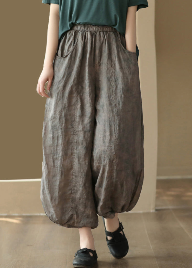 Grey Print Pockets Linen Lantern Pants High Waist Summer