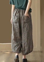 Grey Print Pockets Linen Lantern Pants High Waist Summer