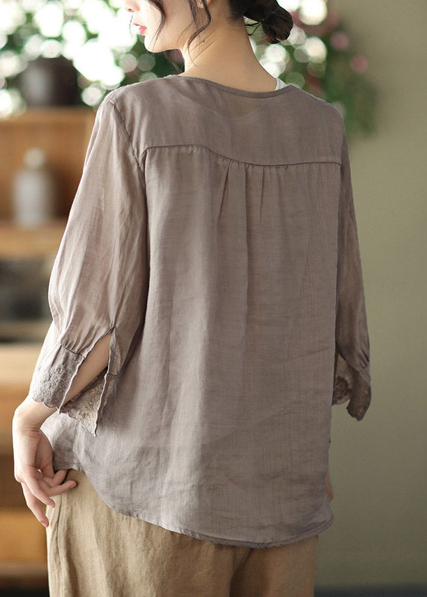 Grey Purple V Neck Button Linen Shirt Long Sleeve