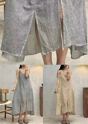 Grey Side Open Linen Spaghetti Strap Dress V Neck Summer