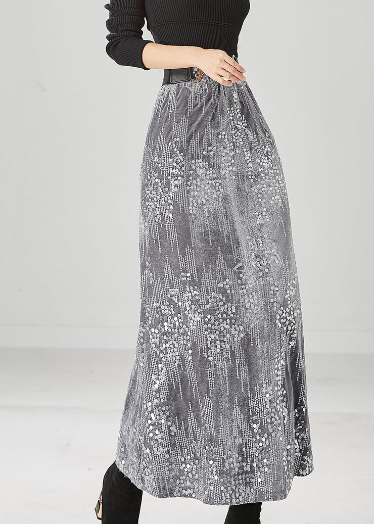 Grey Silk Velour Skirts Sequins High Waist Winter