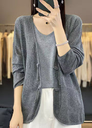 Grey Solid Cozy Knit Cardigans V Neck Long Sleeve