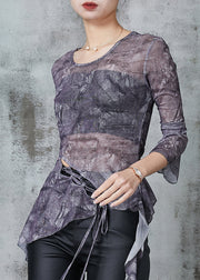 Grey Tie Dye Tulle Top Asymmetrical Silm Fit Spring