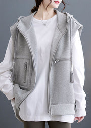 Grey Zippered Drawstring Hooded Waistcoat Sleevele