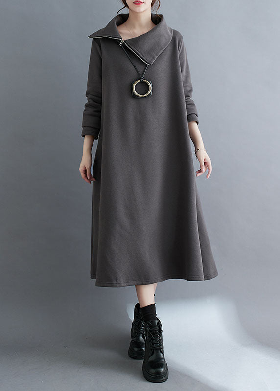 Grey Zippered Fleece Dress Maxi Sweatshirt Dress Winter