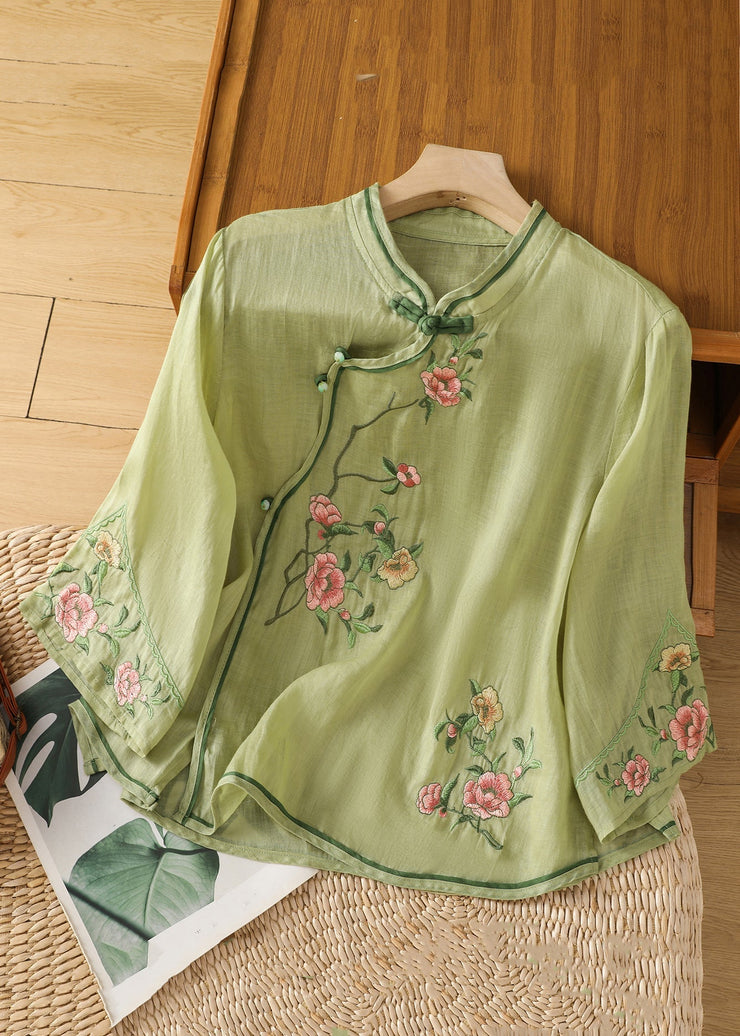 Handmade Apricot Embroidered Button Cotton Shirt Long Sleeve