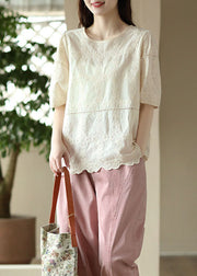 Handmade Apricot O Neck Hollow Out Embroideried Patchwork Cotton Top Summer