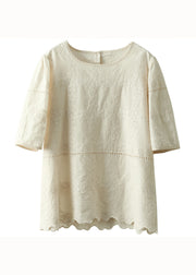 Handmade Apricot O Neck Hollow Out Embroideried Patchwork Cotton Top Summer