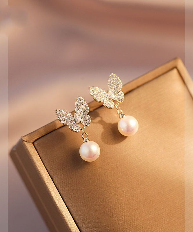 Handmade Apricot Pearl Zircon Asymmetric Butterfly Drop Earrings