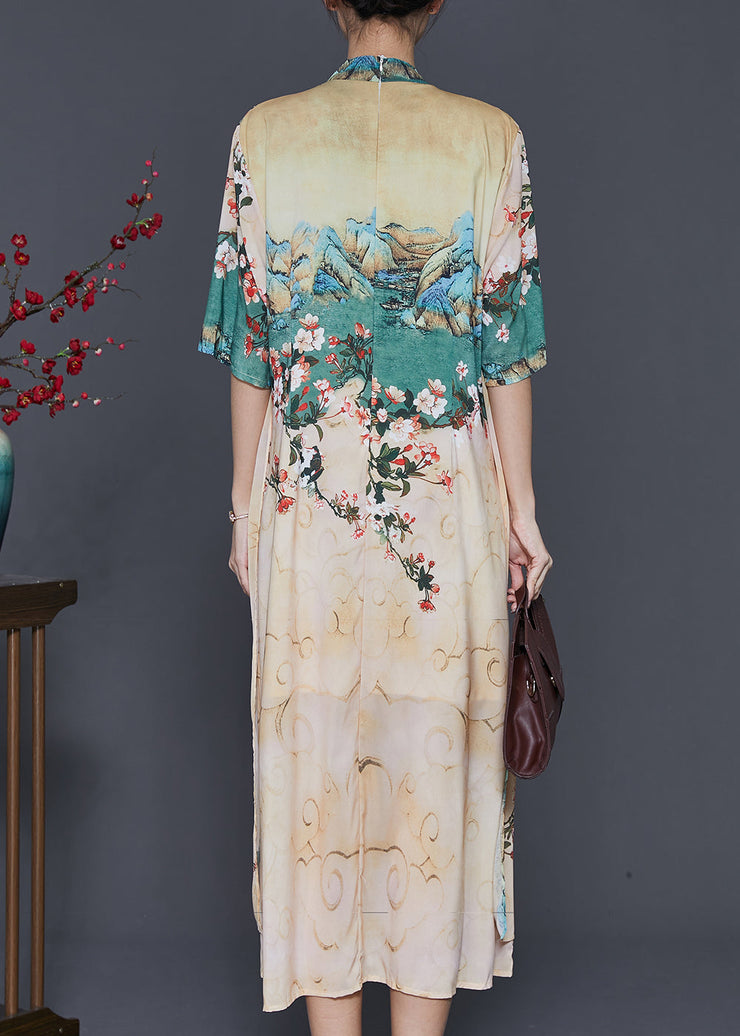 Handmade Apricot Print Chiffon Fake Two Piece Dresses Spring