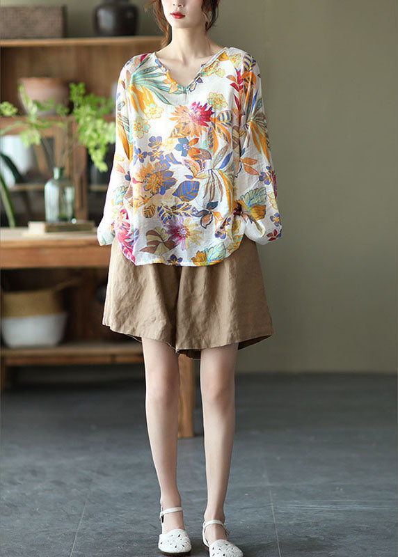 Handmade orange  V Neck Casual Floral Fall Blouse Long sleeve