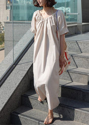 Handmade Apricot V Neck Cinched Patchwork Linen Maxi Dresses Summer