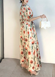 Handmade Apricot V Neck Print Cinched Holiday Long Dress Summer