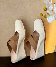 Handmade Beige Cowhide Leather Casual Cross Strap High Wedge Heels Shoes