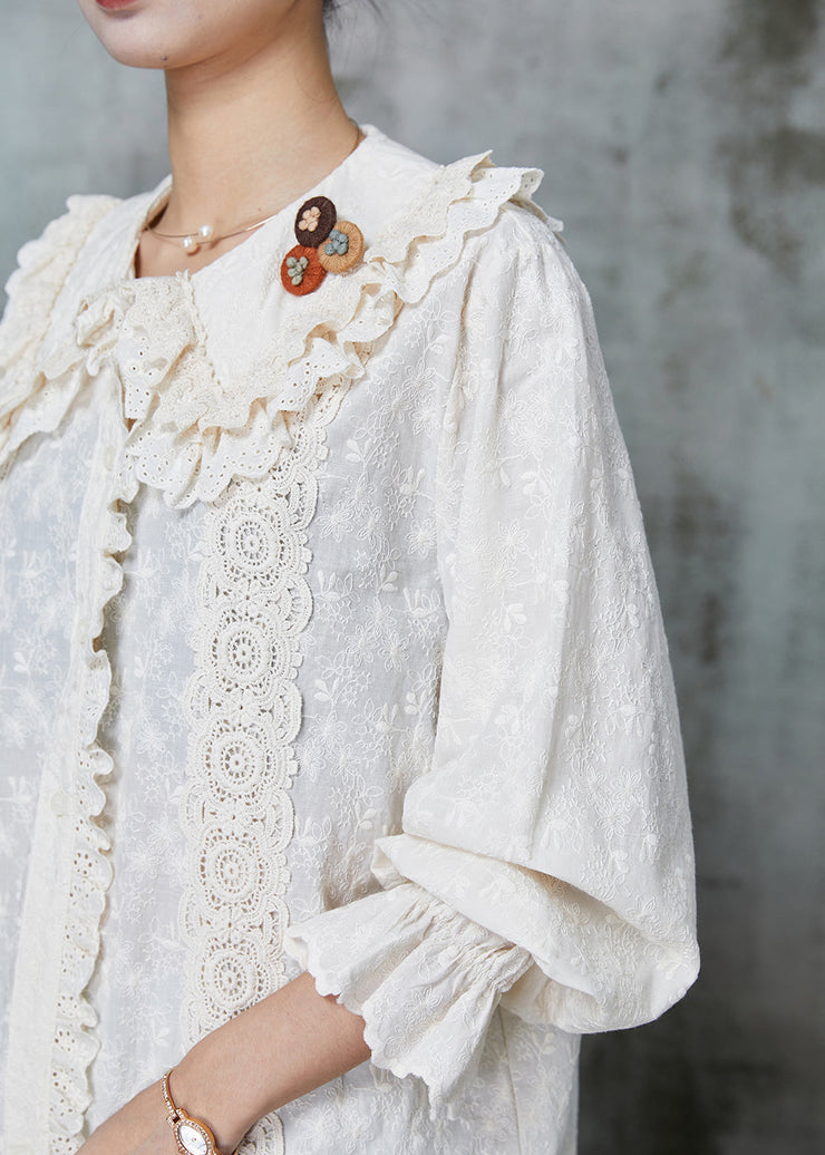 Handmade Beige Embroidered Patchwork Lace Cotton Shirt Spring