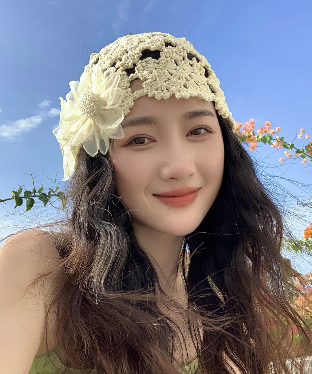 Handmade Beige Hollow Out Floral Knit Bonnie Hat