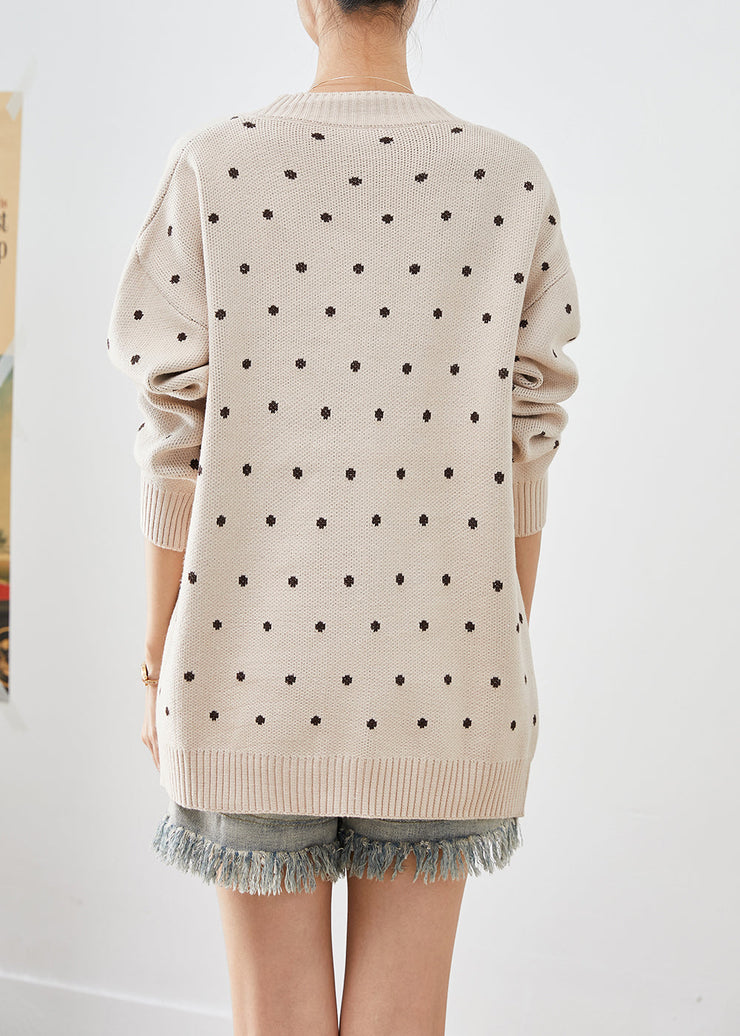 Handmade Beige Oversized Cartoon Print Knit Cardigan Fall