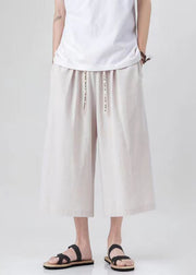 Handmade Beige Pockets Elastic Waist Mens Wide Leg Pants