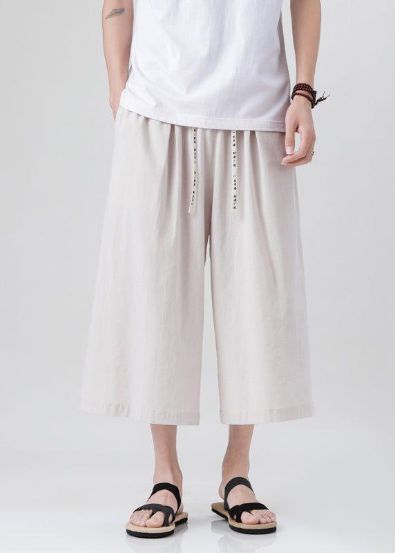 Handmade Beige Pockets Elastic Waist Mens Wide Leg Pants