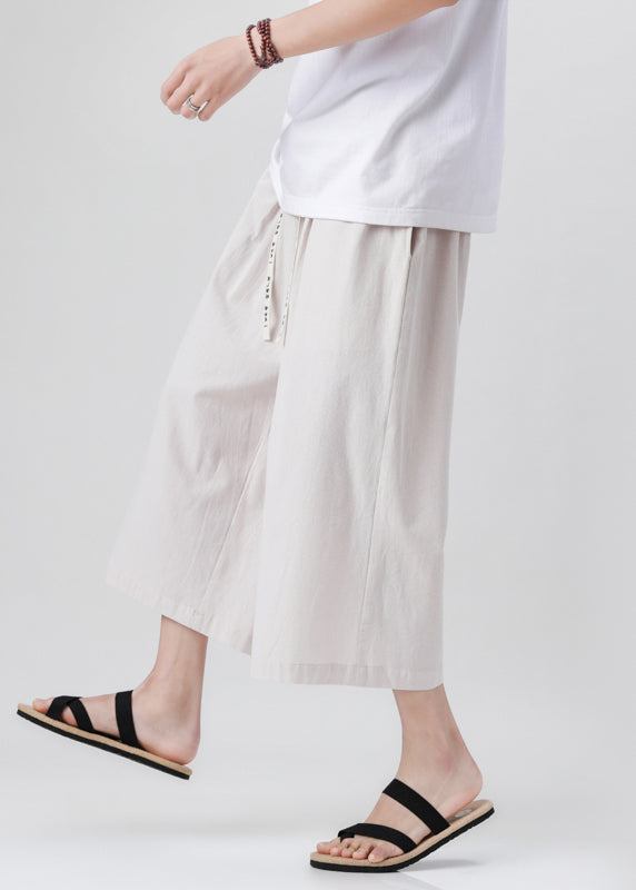 Handmade Beige Pockets Elastic Waist Mens Wide Leg Pants