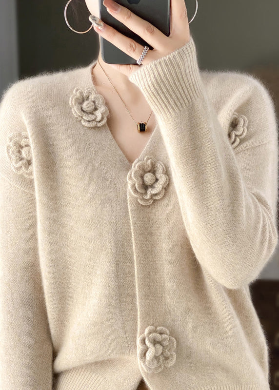 Handmade Beige V Neck Floral Crochet Cashmere Knit Cardigan Spring