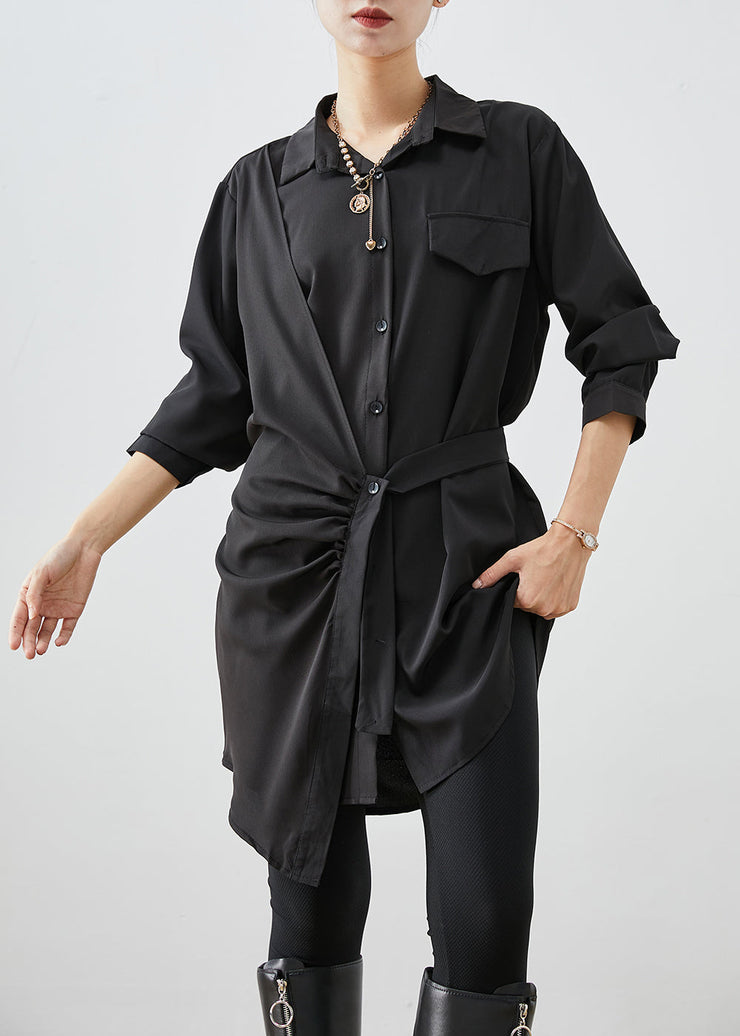 Handmade Black Asymmetrical Cinched Cotton Shirts Fall