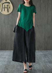 Handmade Black Elastic Waist Retro Wide Leg Crop Pants - SooLinen