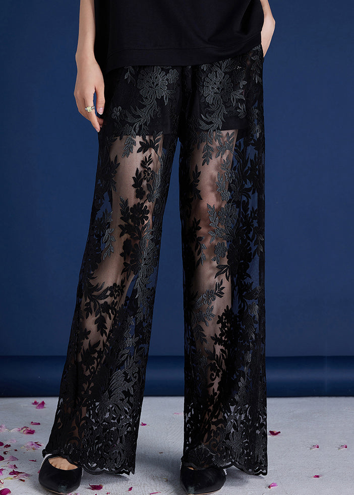 Handmade Black Embroidered Elastic Waist Lace Pants Summer