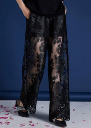 Handmade Black Embroidered Elastic Waist Lace Pants Summer