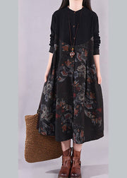 Handmade Black O-Neck Print Patchwork Maxi Dress Long Sleeve