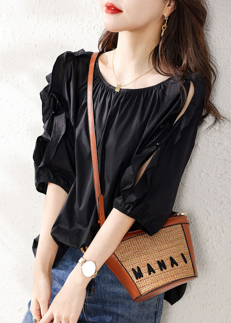 Handmade Black O Neck Ruffled Patchwork Cotton Shirt Summer