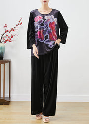 Handmade Black Oversized Print Silk Velour Two Pieces Set Fall