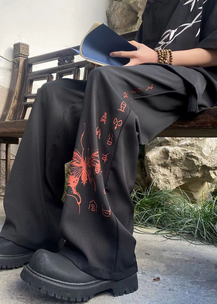 Handmade Black Pockets Print Ice Silk Mens Pants Summer