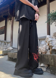 Handmade Black Pockets Print Ice Silk Mens Pants Summer