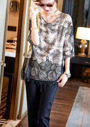 Handmade Black Print Patchwork Lace Chiffon Blouses Summer