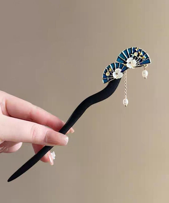 Handmade Black Sandalwood Pearl Floral Tassel Hairpin