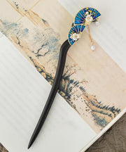 Handmade Black Sandalwood Pearl Floral Tassel Hairpin